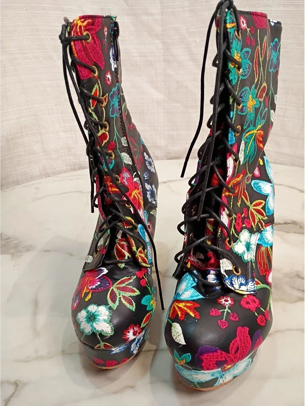 Womens Faux Leather Lace Up Platform Block Heels Embroidery Floral Ankle Boots